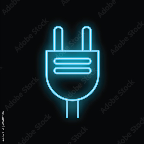 Blue neon electric plug glowing in the dark, a bright illustration of a power connector