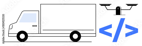 Box truck moves forward, monitored by surveillance quadcopter and accompanied by coding tag. Ideal for logistics, AI, automation, transportation, technology, programming innovation. Simple flat