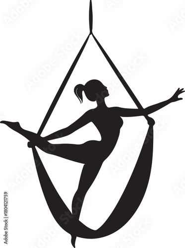 Aerial yoga pose, black silhouette of a woman suspended in a silk hammock