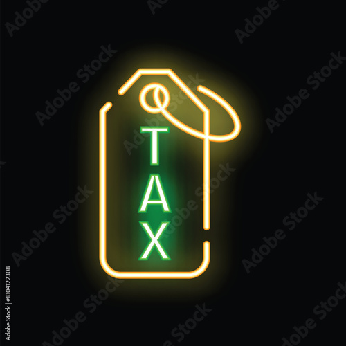 Glowing green neon tax sign on black background representing taxation, government and the irs