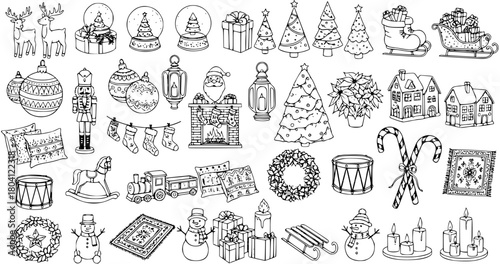 Hand-drawn Christmas and Winter Holiday Line Art Doodle Icons Set. Festive Elements Collection with Reindeer, Trees, Ornaments, Snowmen, Gifts, and Houses.