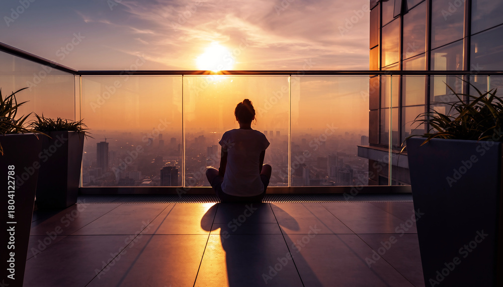 Obraz premium Woman sitting cross-legged on a rooftop terrace overlooking a sunset cityscape.