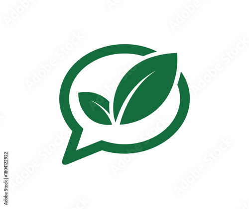 Green leaves inside a speech bubble, , representing ecofriendly communication and environmental awareness in a modern design