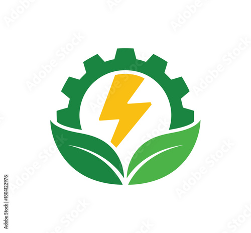 Eco energy logo with gear, lightning bolt, and leaves, , representing sustainable power and green technology solutions
