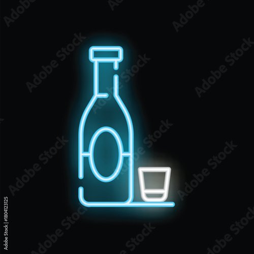 Glowing neon line bottle of vodka with shot icon isolated on black background