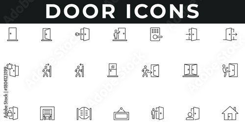 Door Icons vector illustration with thin line editable stroke containing entrance, home, office, exit, access, architecture, real estate, push, pull locked, close, way finding, security, home, alert.