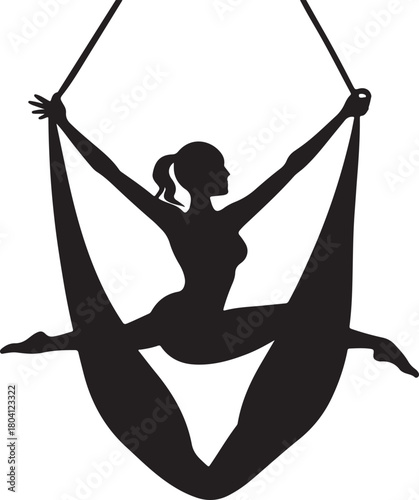 Aerial yoga pose, black silhouette of a woman suspended in a silk hammock