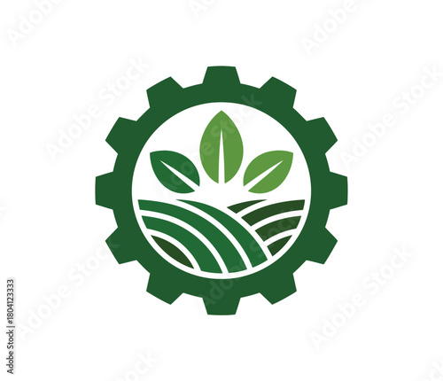 Gear with leaves and field, representing sustainable agriculture, organic farming, and environmental technology