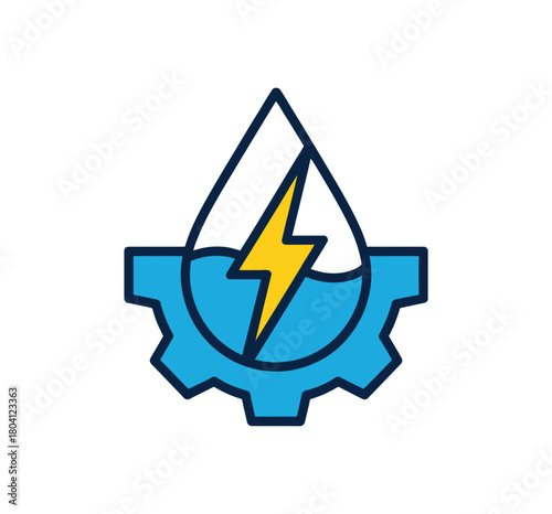 Illustration of a water drop with a lightning bolt inside, resting on a gear, symbolizing hydroelectric power and renewable energy
