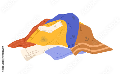Pile of dirty laundry. Clothes with stains. Flat vector isolated illustration