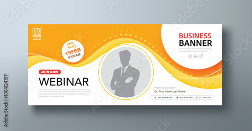 Yellow Seminar, webinar banner with speaker portrait mockup, a social media template for branding and a cover header background.
