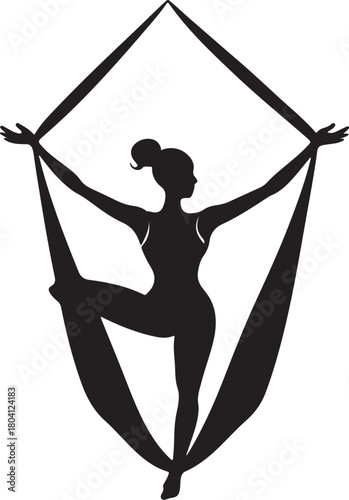 Aerial yoga pose, black silhouette of a woman suspended in a silk hammock