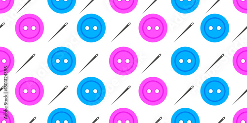 Vector seamless pattern from colored button and needle. Simple pink and blue vector button and sewing needle seamless background. Perfect wrapping paper for sewing studio fabric textile print. EPS 10