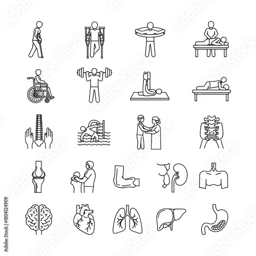 Rehabilitation, physical therapy, and human anatomy line art icons collection Vector