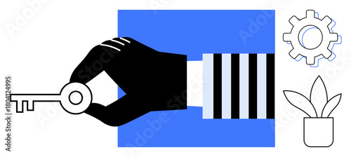 Black hand holding key, blue square backdrop, gear icon, and plant pot. Ideal for security, innovation, unlocking idea, opportunity business growth strategy teamwork. Simple flat metaphor