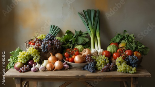 Fototapeta Naklejka Na Ścianę i Meble -  Fresh vegetables and fruits composition on wooden table still life