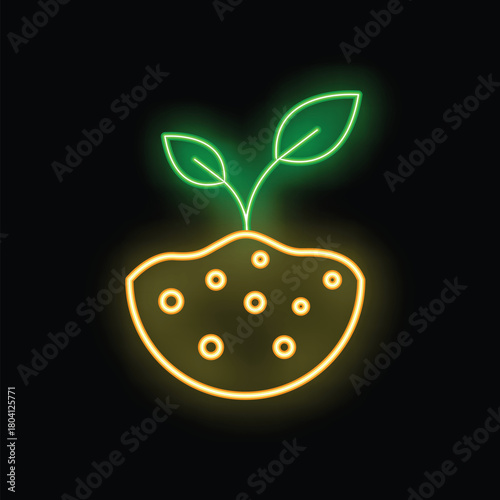 Neon green plant growing from ground icon illustration on black background