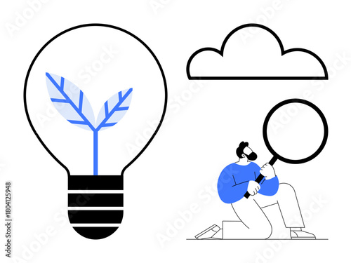 Man kneeling, examining with magnifying glass near a lightbulb containing a plant leaf and a cloud figure. Ideal for innovation, ecology, sustainability, research, analysis, creativity, environment