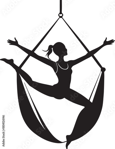 Aerial yoga pose, black silhouette of a woman suspended in a silk hammock