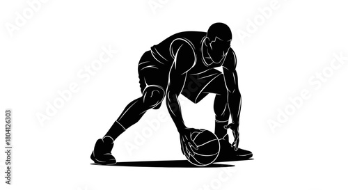 Silhouette of a basketball player dribbling the ball, showcasing athleticism and focus during a game.