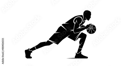 Dynamic silhouette of a basketball player dribbling the ball in a low stance, ready for action.