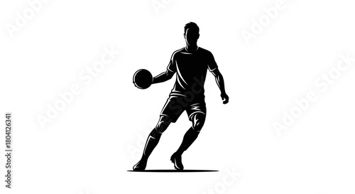 Silhouette of a basketball player dribbling the ball, captured in a dynamic pose against a white background.