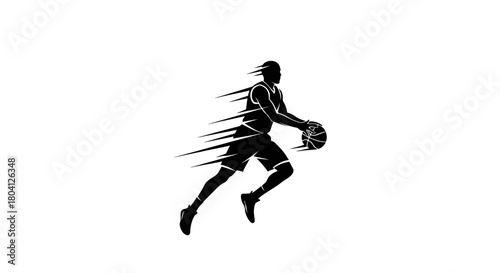 Silhouette of a basketball player dribbling the ball with motion lines, conveying speed and action.