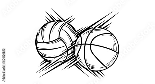 Illustration of a volleyball and basketball colliding with dynamic lines.