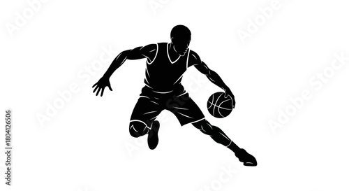 Silhouette of a basketball player dribbling the ball aggressively on a white background.