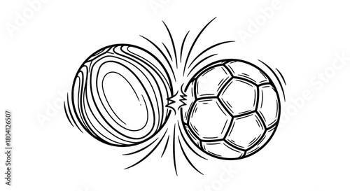 Black and white line art illustration of a wooden ball colliding with a soccer ball, showing impact lines.