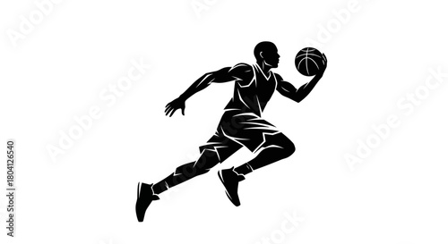 Dynamic black silhouette of a basketball player dribbling the ball in motion, showcasing athleticism and speed.