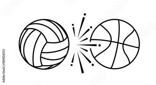 Illustration of a volleyball and a basketball colliding with a burst of energy between them.