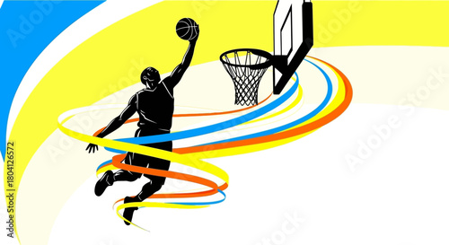 A dynamic illustration of a basketball player performing a slam dunk, showcasing athleticism and skill.