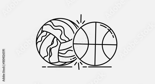 Black and white illustration of a volleyball and a basketball, side by side, with lines.