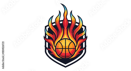 A dynamic logo featuring a basketball engulfed in flames, set within a shield.