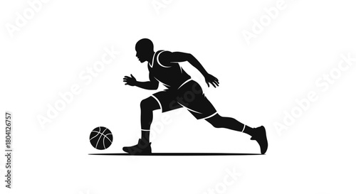Dynamic silhouette of a basketball player dribbling the ball in motion on a white background.