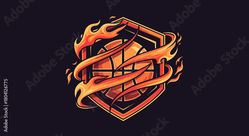 Fiery basketball emblem: A basketball engulfed in flames, set against a shield-shaped backdrop.