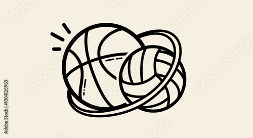 Black and white illustration of a basketball and volleyball intertwined with each other.