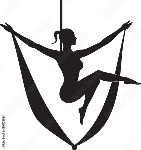 Aerial yoga pose, black silhouette of a woman suspended in a silk hammock