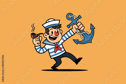 Cartoon Sailor Character Holding Anchor and Smoking Pipe.