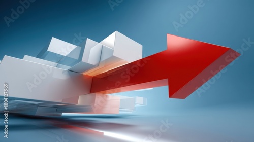 Red 3D arrow cutting through floating data numbers, showing strong financial recovery and momentum