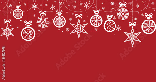Vibrant red Christmas background banner with a top border of white hanging decorations, including ornate ornaments, detailed snowflakes, and patterned stars tied with bows. The design includes a seaml