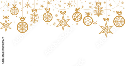 Horizontal Christmas background/banner template featuring a border of hanging golden winter decorations: ornaments, stars, and intricate snowflakes tied with bows. Seamlessly decorated