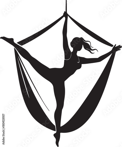 Aerial yoga pose, black silhouette of a woman suspended in a silk hammock