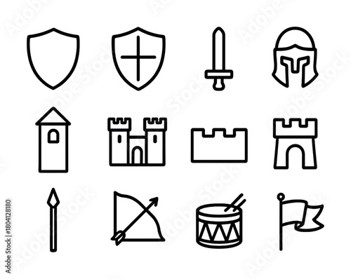 Vector Medieval icons: shields, sword, helmet, castle, bow, flag