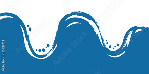 A stylized blue and white wave pattern with brushstroke texture and scattered circular droplets design element