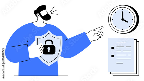Person highlighting time-sensitive documents with a security shield emblem. Ideal for data protection, cybersecurity, time management, compliance, deadlines, privacy, responsibility. Simple flat
