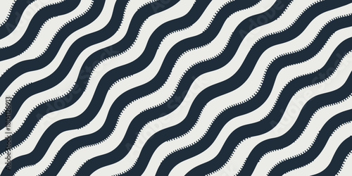 A wavy pattern with alternating dark blue and white stripes with sawtooth edges running diagonally