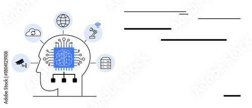 Human head integrated with AI chip, surrounded by icons representing cloud, robotics, connectivity, database, and surveillance. Ideal for AI, machine learning, cloud computing IoT automation