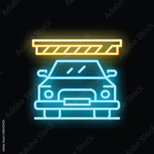 Glowing neon line icon of a car parking with a barrier gate over it on a black background